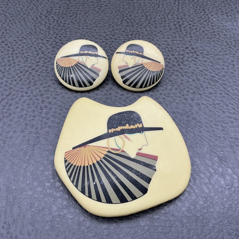 Vintage Art Deco Lady Brooch Earrings Set Ceramic Statement Jewelry‎ Made Japan